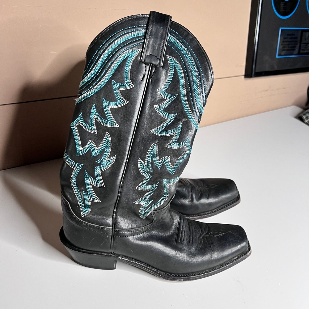 Justin Boots‎ Womens Black Leather Turquoise Stitch Square Toe Western Boots